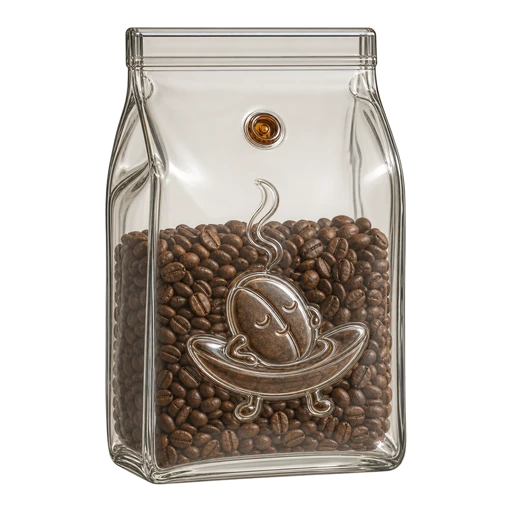 Glass coffee bag with an embossed sleepy bean