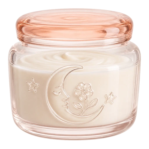 Glass face cream jar with an embossed moon and flower