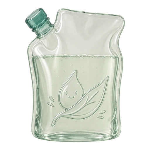 Glass refill pouch with an embossed leaf and droplet