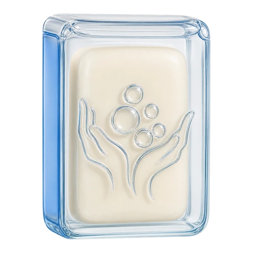 Glass soap carton with embossed hands and bubbles