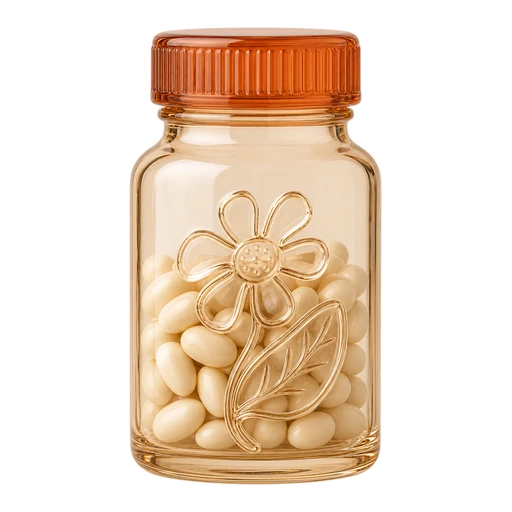 Glass supplement bottle with an embossed flower